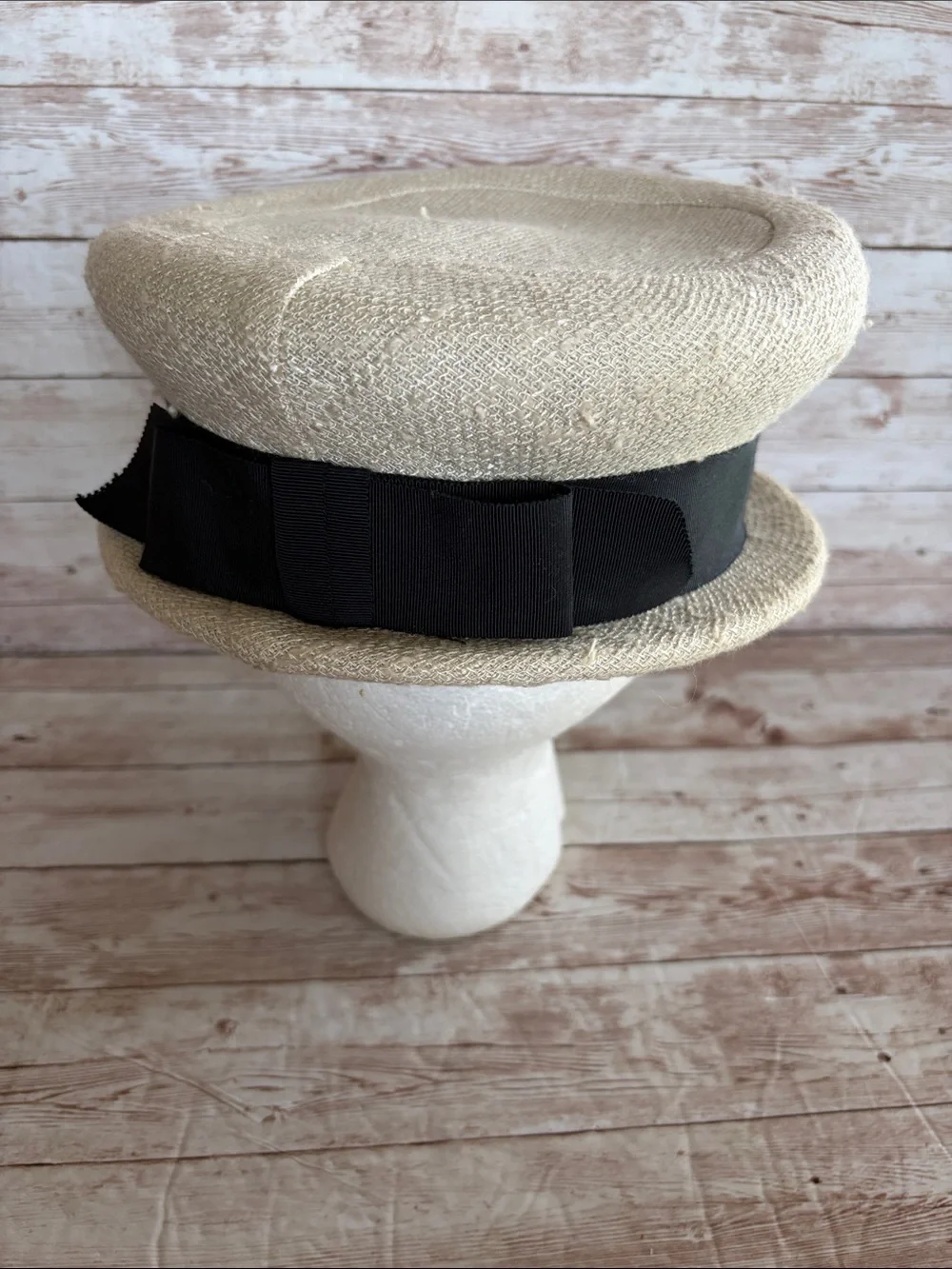 Vintage Cream Straw Pillbox Hat with Black Grosgrain Band - Picture 5 of 9